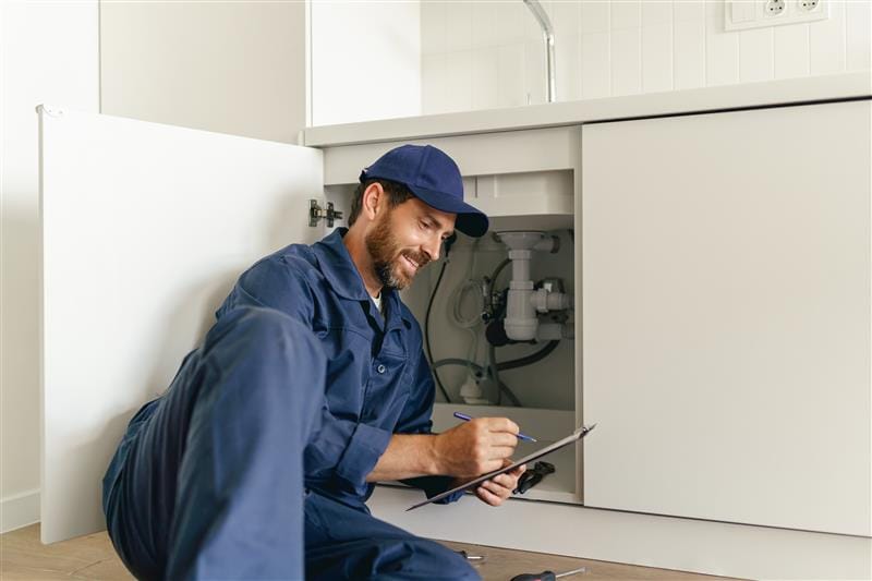 Residential plumber reviewing plumbing repairs in a Lawrenceville kitchen