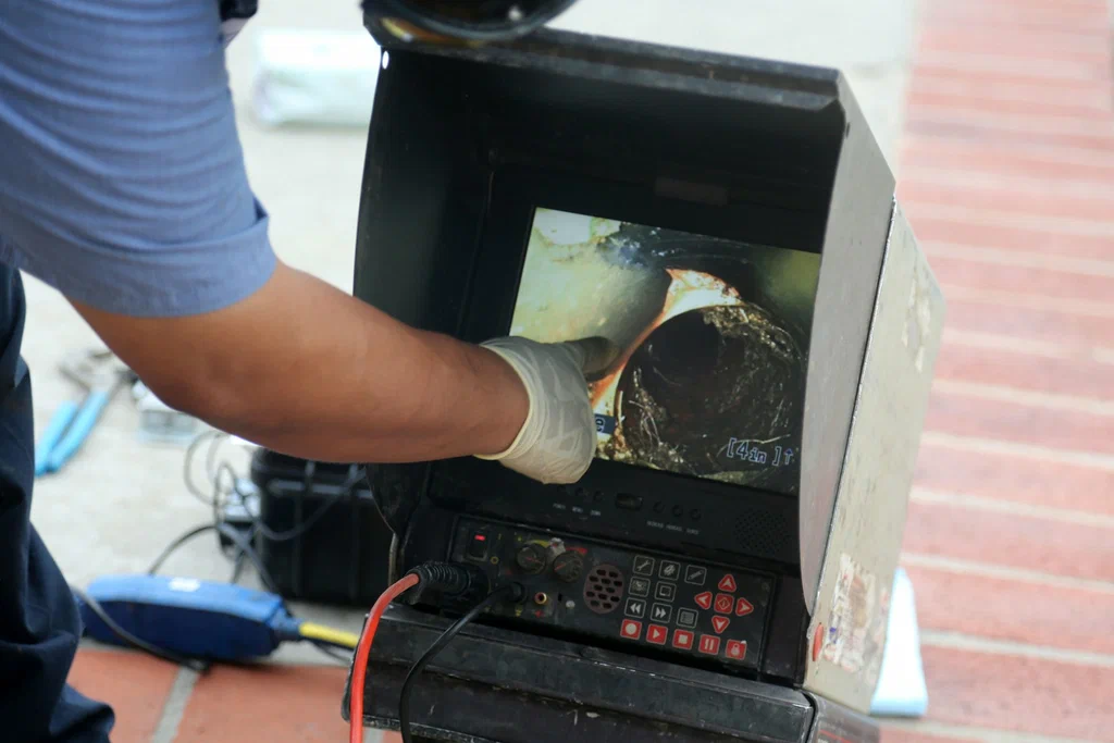 Technician viewing a drain inspection camera in Lawrenceville